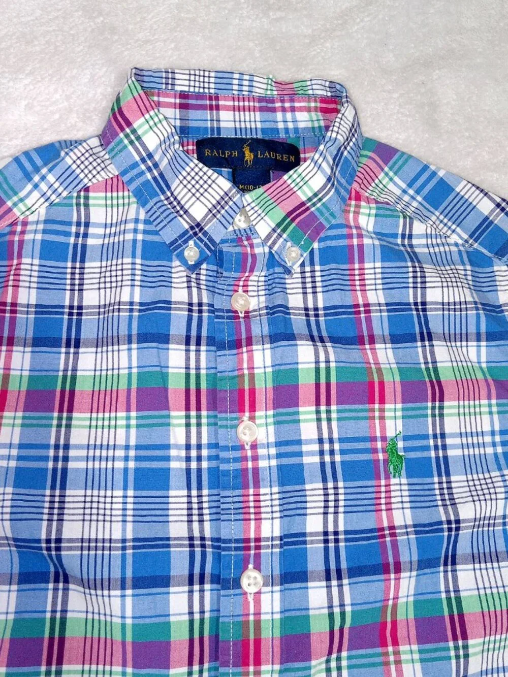 Ralph Lauren Boys Plaid Button Down Shirt Size M 10/12 Blue Green Preppy Coastal